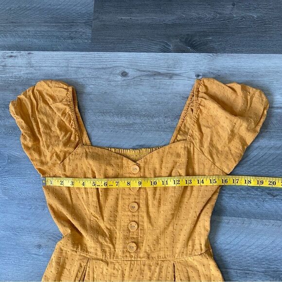 ModCloth Smocked Dress Mustard Yellow Embroidered Medium With Pockets Fe… - Picture 9 of 11